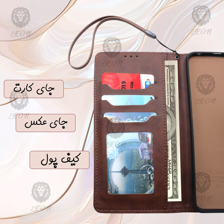 کیف کلاسوری لئون مدل Moket مناسب برای گوشی موبایل سامسونگ Galaxy A56 به همراه بند آویز