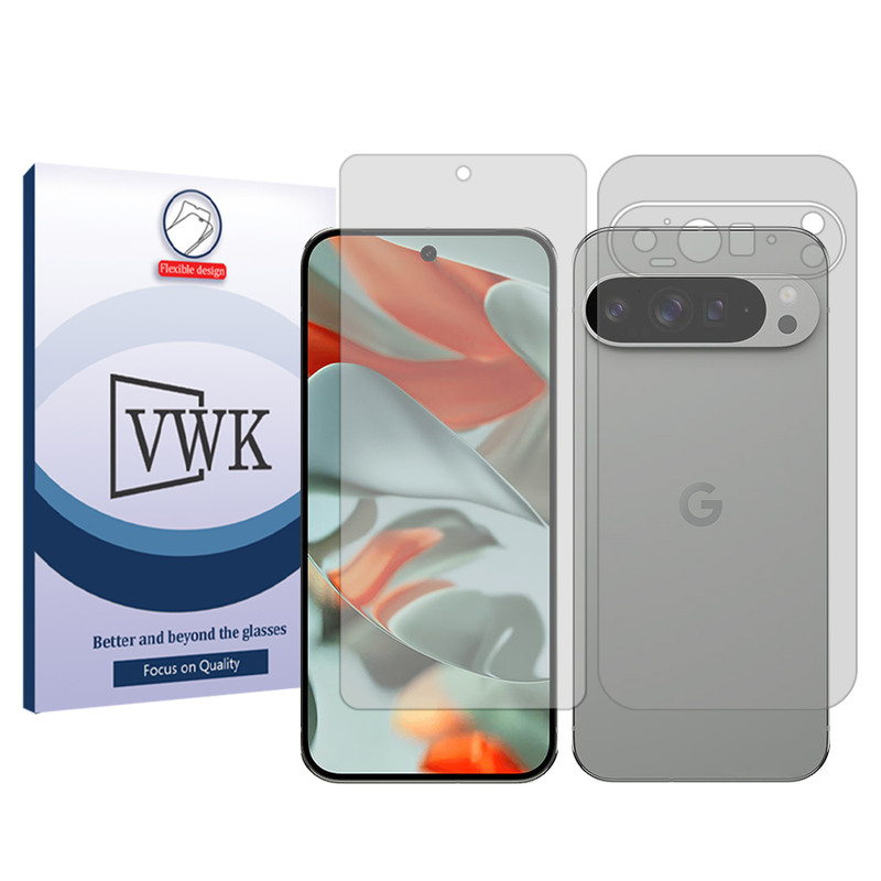 محافظ صفحه نمایش شفاف وی دبلیو کی مدل Tough مناسب برای گوشی موبایل گوگل Pixel 9 Pro XL  به همراه محافظ پشت گوشی