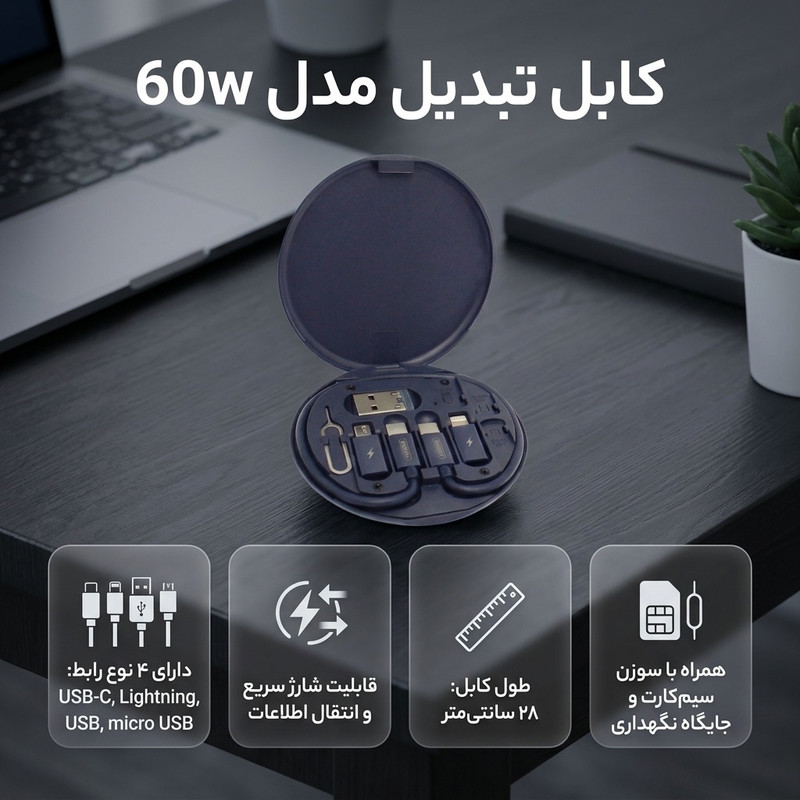 کابل تبدیل USB-C به USB-C / لایتنینگ / USB / micro USB مدل 60w طول 0.28 متر