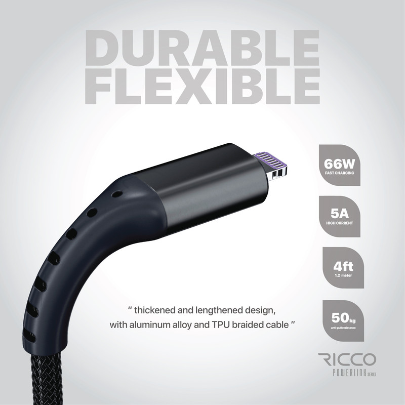 کابل تبدیل USB به لایتنینگ / MicroUSB / USB-C ریکو مدل پاورلینک طول 1.2 متر