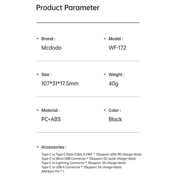 کابل تبدیل USB-C/USB به لایتنینگ/USB-C/MicroUSB مکدودو مدل WF-1720 طول 0.3 متر