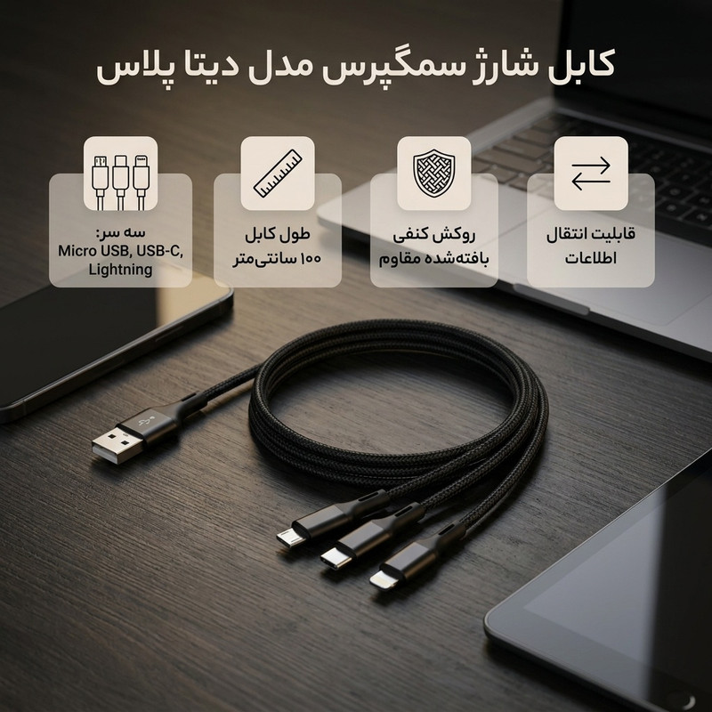 کابل تبدیل USB به micro USB / USB-C / لایتنینگ سمگپرس مدل دیتا پلاس طول یک متر