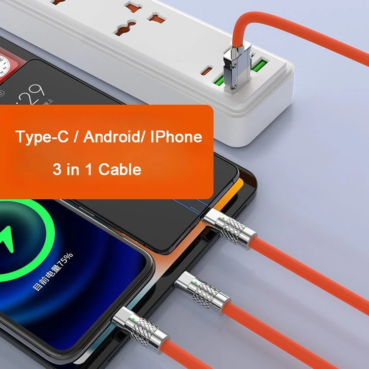 کابل تبدیل USB به micro USB / لایتنینگ / USB-C پسنجر لاین مدل 3in1 ZINC ALLOY 120W طول 1.2 متر