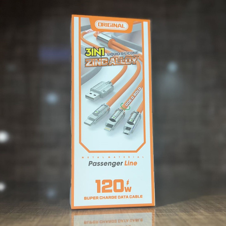 کابل تبدیل USB به micro USB / لایتنینگ / USB-C پسنجر لاین مدل 3in1 ZINC ALLOY 120W طول 1.2 متر