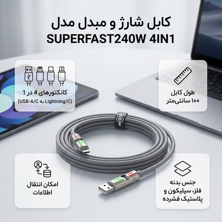 کابل تبدیل USB/USB-C به لایتنینگ/USB-C آیرون ایکس مدل SUPERFAST240W 4IN1 طول 1 متر