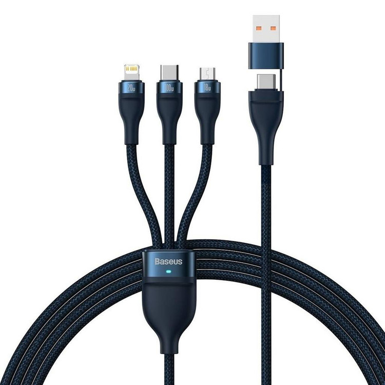 کابل تبدیل USB/USB-C به لایتنینگ/USB-C/micro-USB باسئوس مدل Flash Series 2-100W طول 1.2 متر