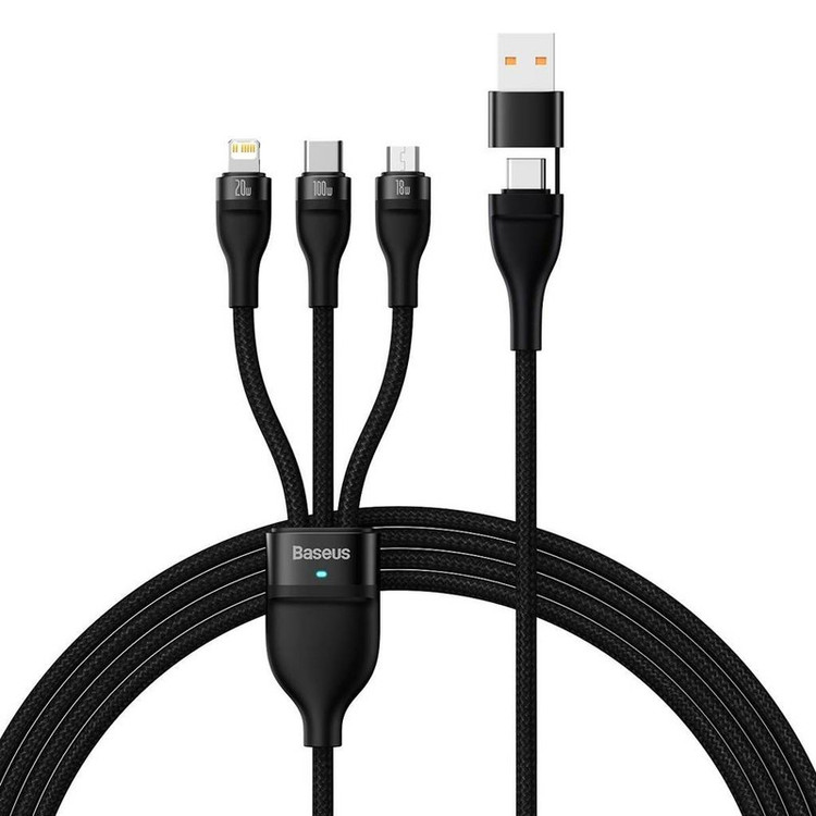 کابل تبدیل USB/USB-C به لایتنینگ/USB-C/micro-USB باسئوس مدل Flash Series 2-100W طول 1.2 متر