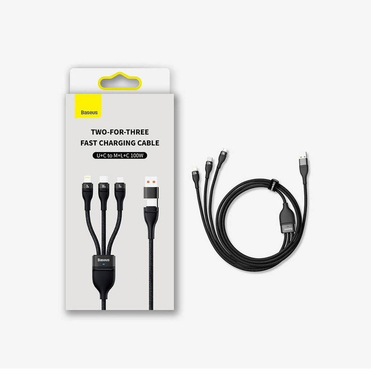 کابل تبدیل USB/USB-C به لایتنینگ/USB-C/micro-USB باسئوس مدل Flash Series 2-100W طول 1.2 متر