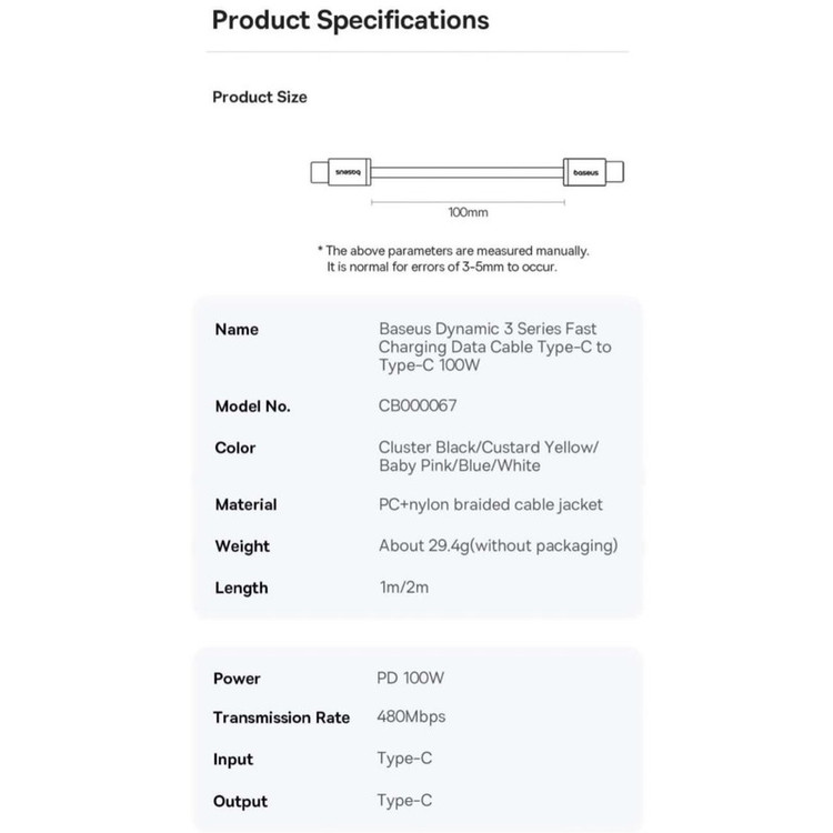 کابل تبدیل USB-C به USB-C بیسوس مدل Dynamic 3 Series 100W طول 2 متر