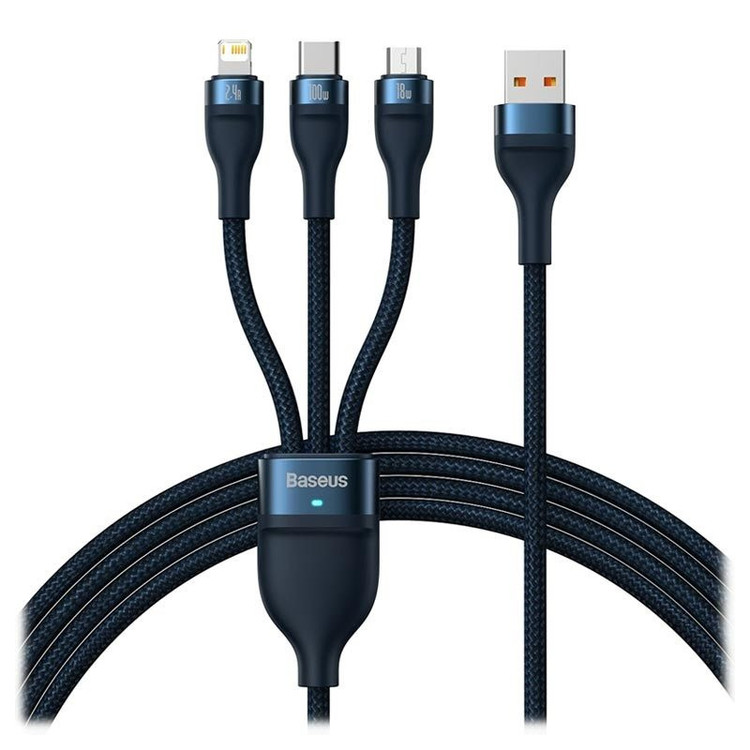 کابل تبدیل USB به USB-C / microUSB / لایتنینگ باسئوس مدل ONE-FOR-THREE 100Wطول 1.2 متر
