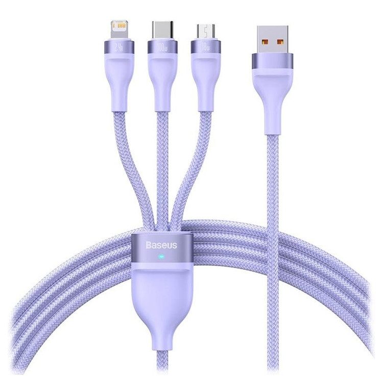 کابل تبدیل USB به USB-C / microUSB / لایتنینگ باسئوس مدل ONE-FOR-THREE 100Wطول 1.2 متر