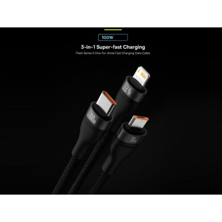 کابل تبدیل USB به USB-C / microUSB / لایتنینگ باسئوس مدل ONE-FOR-THREE 100Wطول 1.2 متر