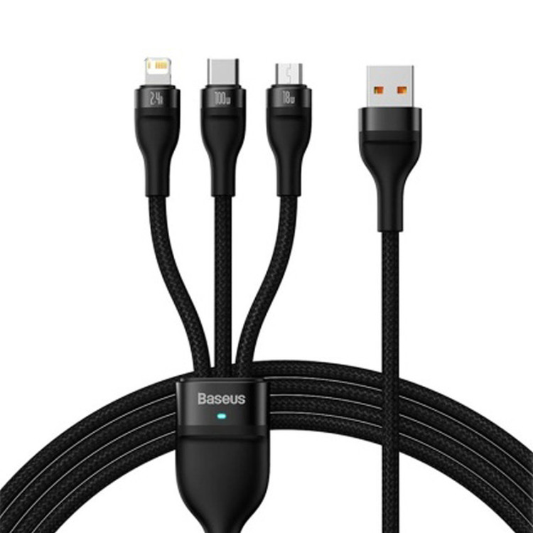 کابل تبدیل USB به USB-C / microUSB / لایتنینگ باسئوس مدل ONE-FOR-THREE 100Wطول 1.2 متر