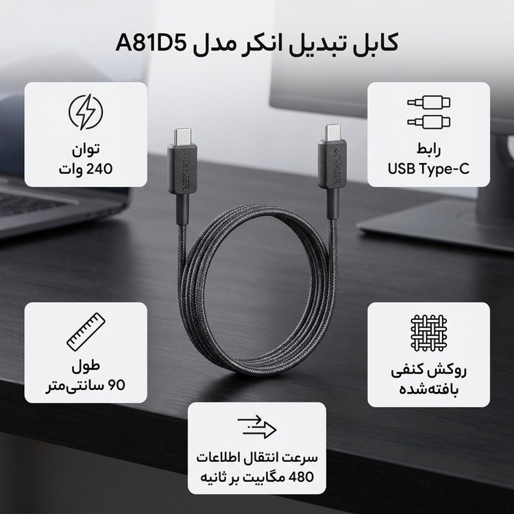 کابل تبدیل USB-C به USB-C انکر مدل A81D5 طول 0.9 متر با توان 240 وات