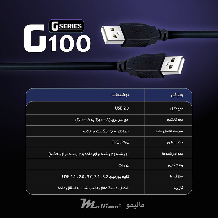 کابل نری USB به نری USB مالیمو مدل G100 طول 1.5 متر