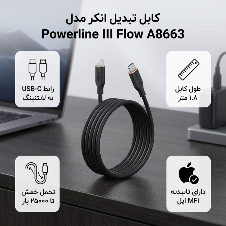 کابل تبدیل USB-C به لایتنینگ انکر مدل Powerline III Flow A8663 طول 1.8 متر