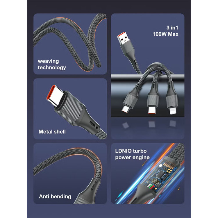 کابل تبدیل USB به USB-C / microUSB / لایتنینگ الدینیو مدل 3IN1 LC97u طول 1.2 متر