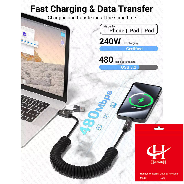 کابل تبدیل USB/USB-C به لایتنینگ/USB-C هارمن مدل SUPERFAST65W 4IN1 طول 1.5 متر