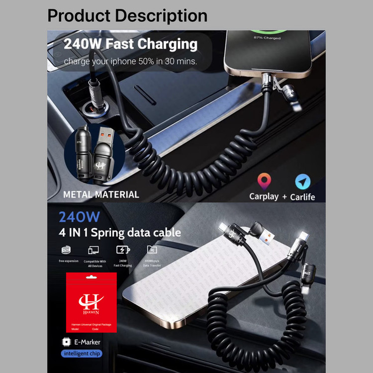 کابل تبدیل USB/USB-C به لایتنینگ/USB-C هارمن مدل SUPERFAST65W 4IN1 طول 1.5 متر