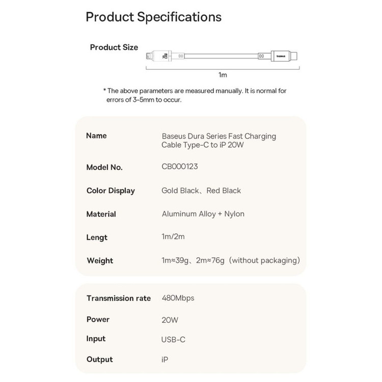 کابل تبدیل USB-C به لایتنینگ بیسوس مدل Dura Series 20W طول 2 متر