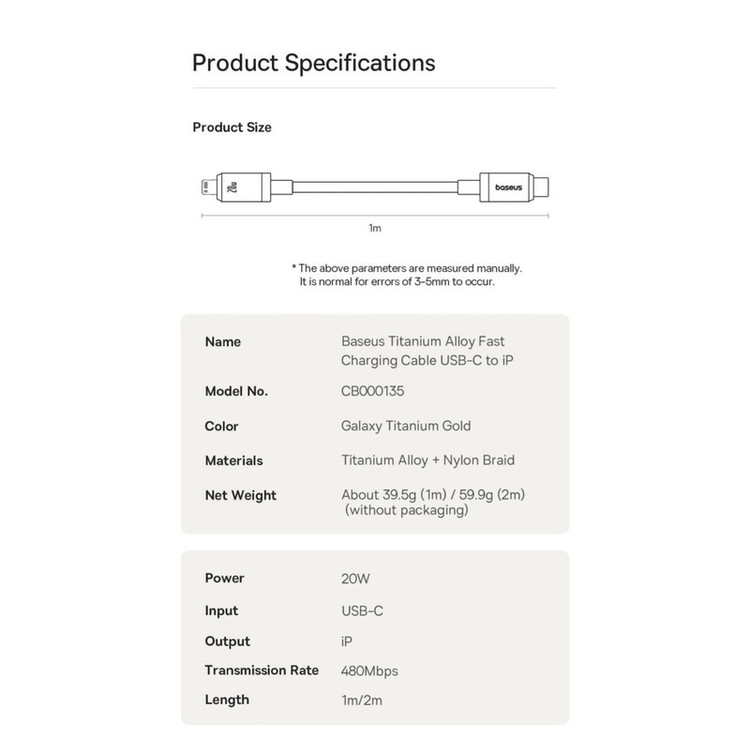 کابل تبدیل USB-C به لایتنینگ بیسوس مدل Titanium Series 20W طول 2 متر