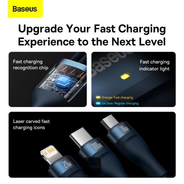 کابل تبدیل USB/USB-C به USB-C / microUSB / لایتنینگ بیسوس مدل Flash Series II CB000003 100W طول 1.2 متر