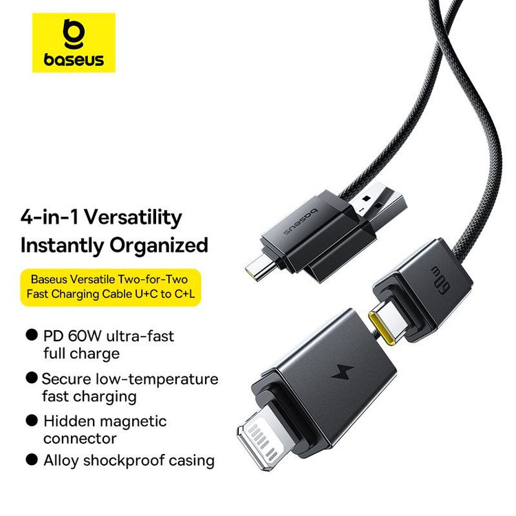 کابل تبدیل USB-C/USB به USB-C/لایتنیگ بیسوس مدل Versatile 60W طول 2 متر