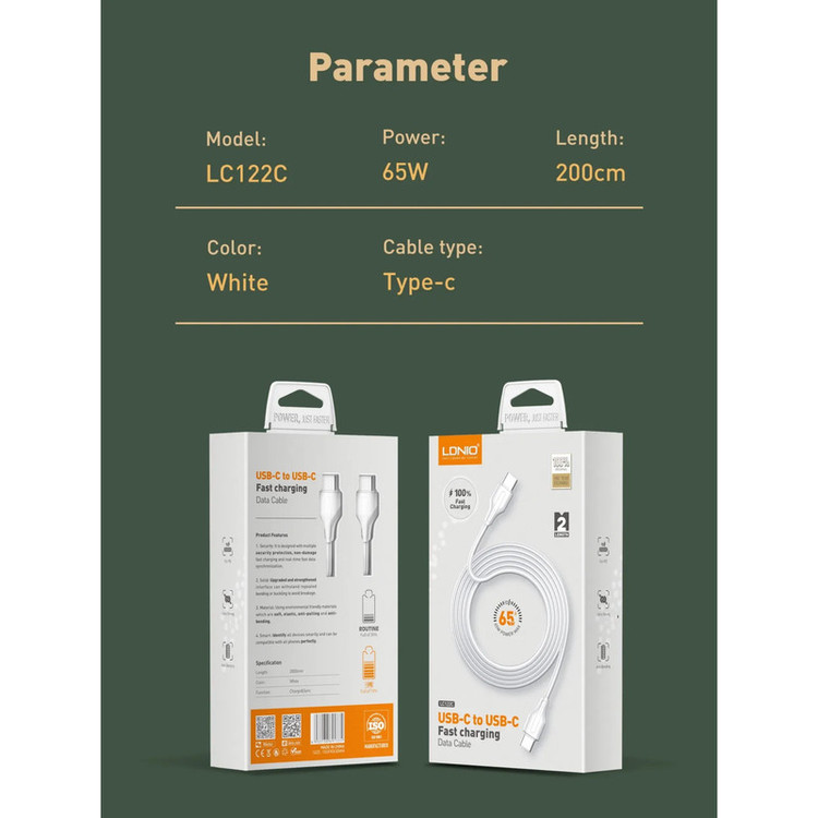 کابل تبدیل USB-C الدینیو مدل LC122-C طول 2 متر