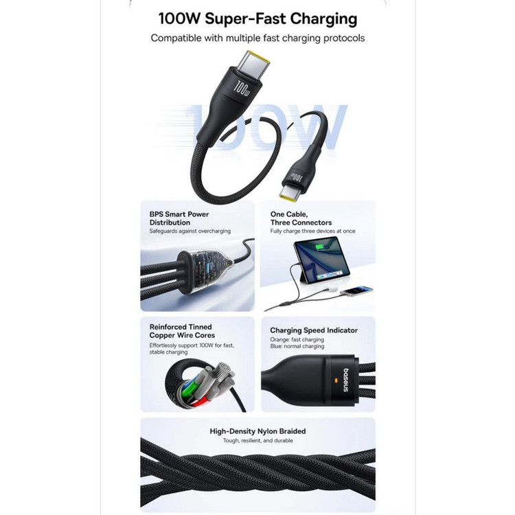 کابل تبدیل USB-C به لایتنینگ/USB-C بیسوس مدل Flash Series 3 100W طول 1.5 متر