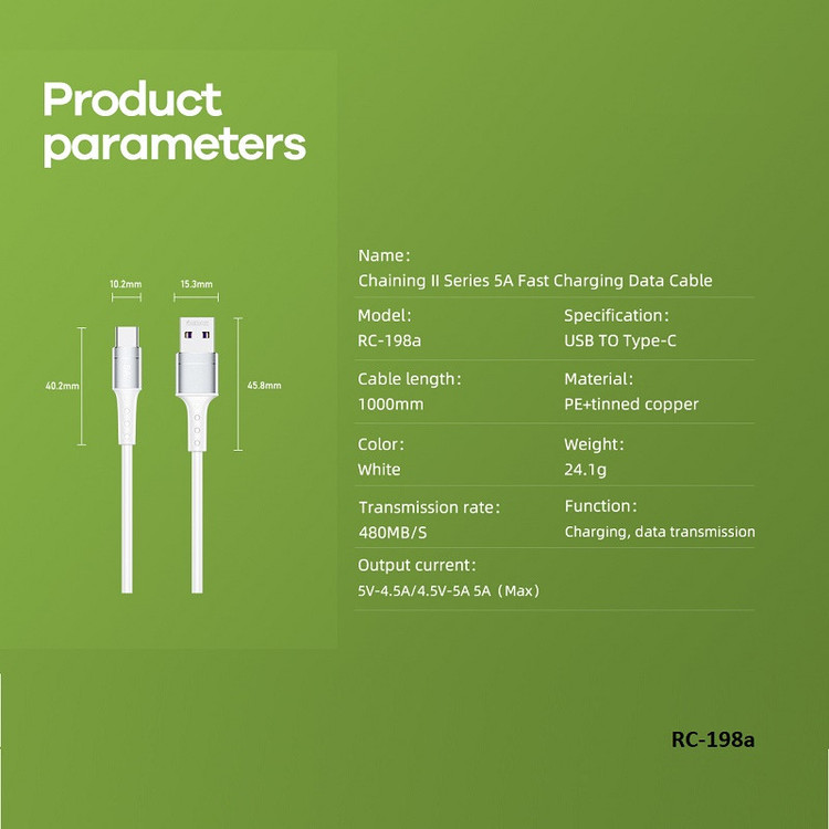 کابل تبدیل USB به USB-C ریمکس مدل RC-198a 5A طول 1 متر