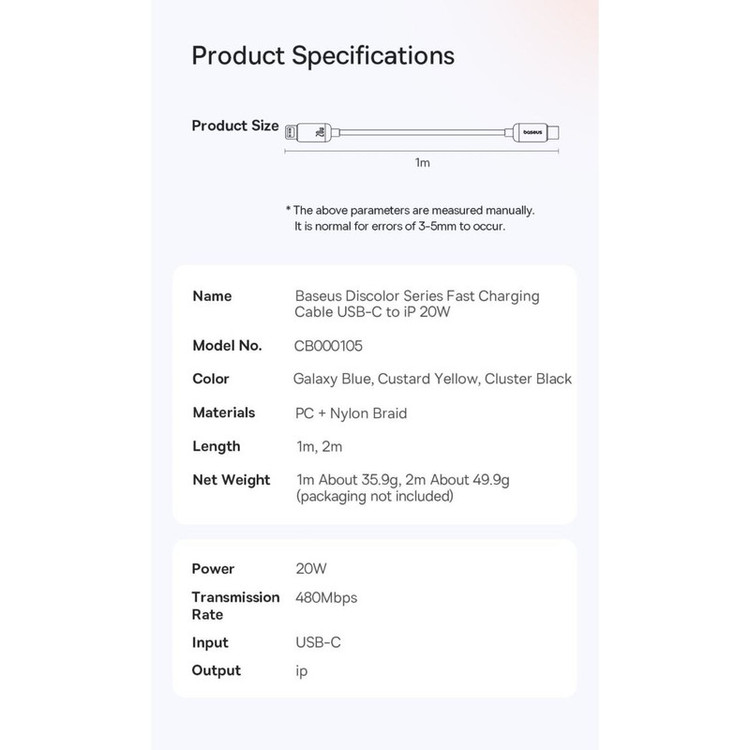 کابل تبدیل USB-C به لایتنینگ بیسوس مدل Discolor Series 20W طول 2 متر