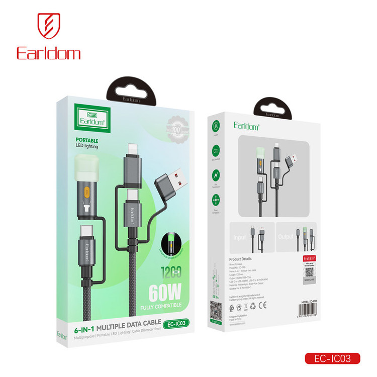 کابل تبدیل USB / USB-C به USB-C / لایتنینگ ارلدام مدل 6IN1 IC03 طول 1.2 متر