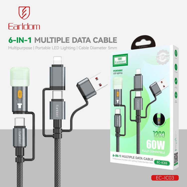 کابل تبدیل USB / USB-C به USB-C / لایتنینگ ارلدام مدل 6IN1 IC03 طول 1.2 متر
