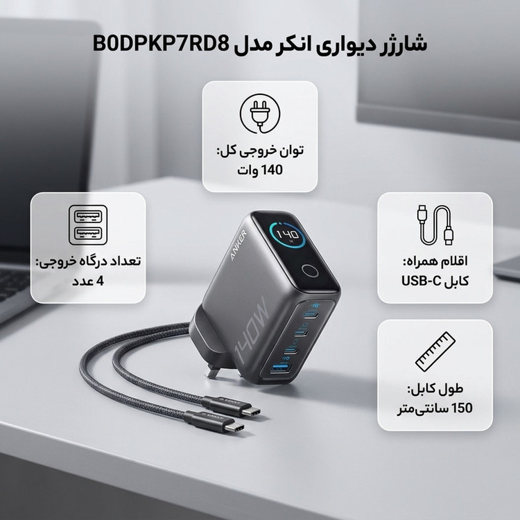 شارژر دیواری 140 وات 4 پورت انکر مدل B0DPKP7RD8 به همراه کابل USB-C به طول 1.5 متر