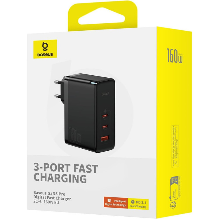 شارژر دیواری 160 وات بیسوس مدل GaN5 Pro 2C+U به همراه کابل تبدیل USB-C