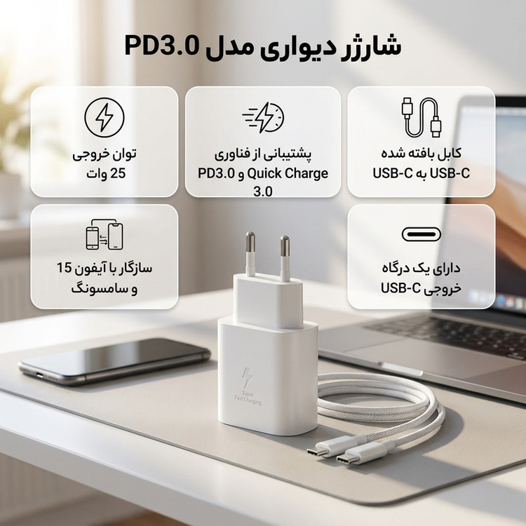 شارژر دیواری 25 وات مدل PD3.0 به همراه کابل USB-C