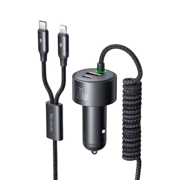 شارژر فندکی120 وات مک دودو مدل cc-0370 به همراه کابل USB-C/لایتنینگ