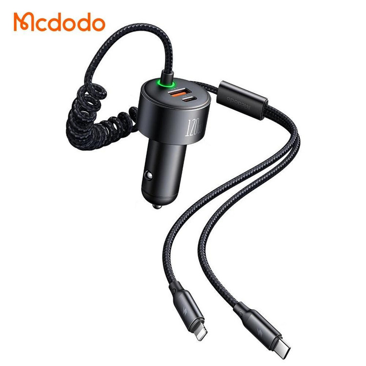 شارژر فندکی120 وات مک دودو مدل cc-0370 به همراه کابل USB-C/لایتنینگ