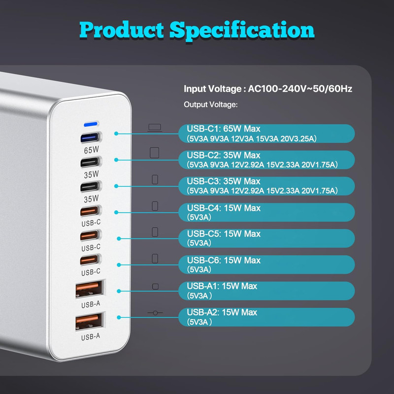 شارژر رومیزی 210 وات 8 پورت ام وی بی مدل GAN 210W