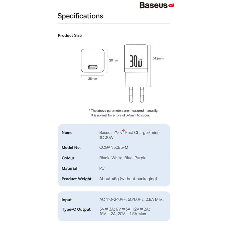 شارژر دیواری 30 وات بیسوس مدل GAN5 mini 30W به همراه کابل تبدیل USB-C