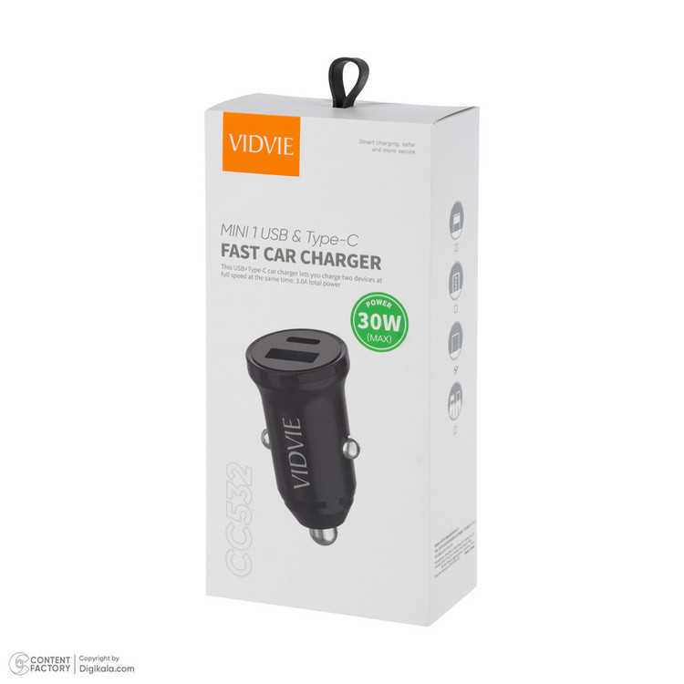 شارژر فندکی 30 وات دو پورت ویدوی مدل CC532 به همراه کابل تبدیل USB به USB-C