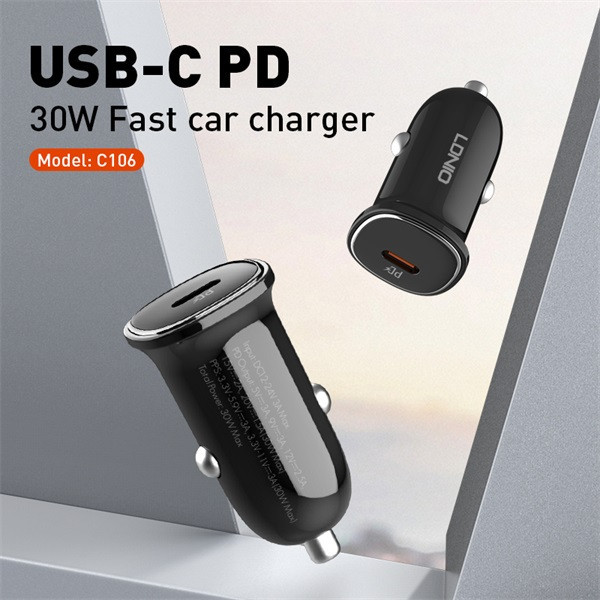 شارژر فندکی 30 وات الدینیو مدل LD-C106 به همراه کابل تبدیل USB-C