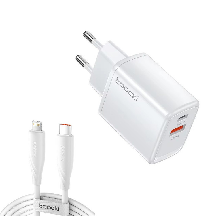شارژر دیواری 20 وات دو پورت توکی مدل JT-P20F به همراه کابل تبدیل USB-C به لایتنینگ