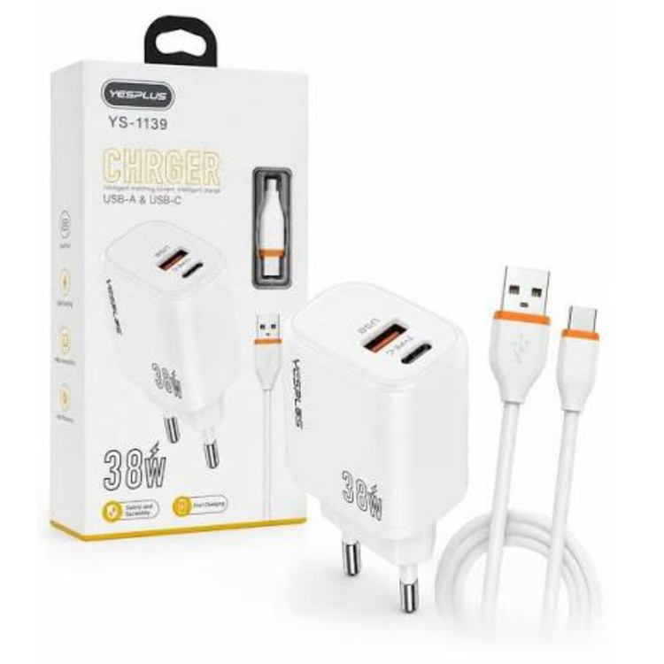شارژر دیواری 38 وات 2 پورت یس پلاس مدل SUPER FAST CHARGING به همراه کابل تبدیل USB به USB-C