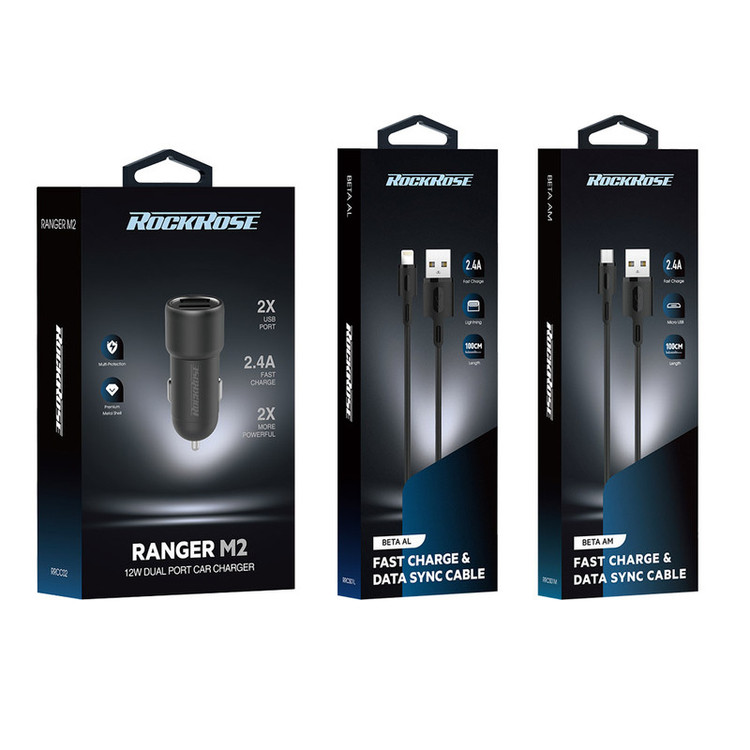 شارژر فندکی راک رز مدل Ranger M2 به همراه کابل microUSB و لایتنینگ