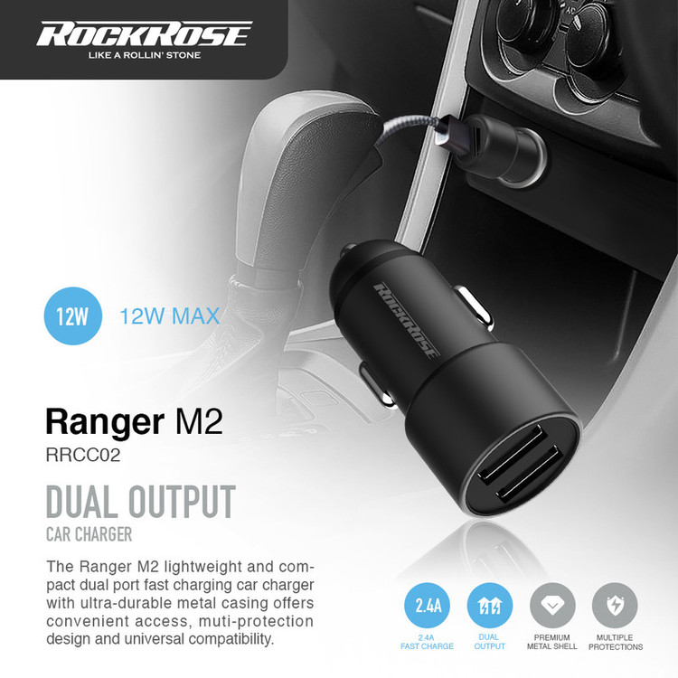 شارژر فندکی راک رز مدل Ranger M2 به همراه کابل microUSB و لایتنینگ