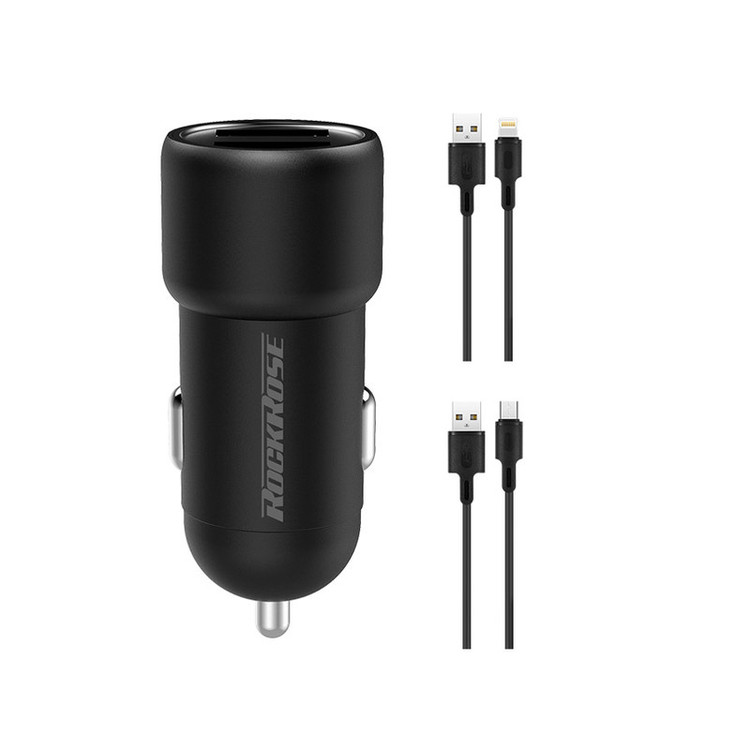 شارژر فندکی راک رز مدل Ranger M2 به همراه کابل microUSB و لایتنینگ