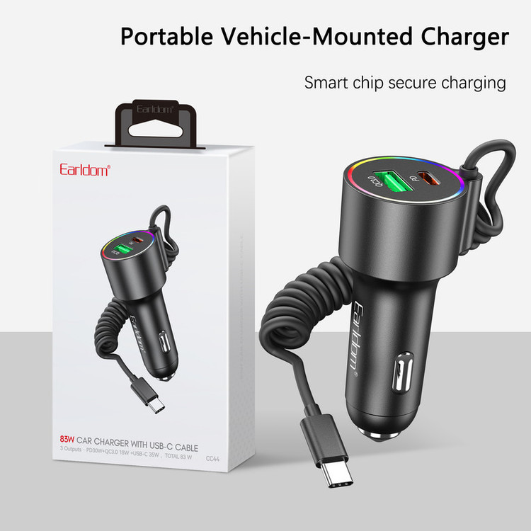 شارژر فندکی 83 وات دو پورت ارلدام مدل CC44 به همراه کابل USB-C