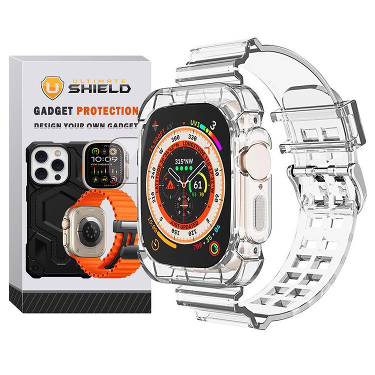 بند آلتیمیت شیلد مدل Transparent Shock مناسب برای اپل واچ 49 mm سری Ultra / Ultra 2 به همراه کاور
