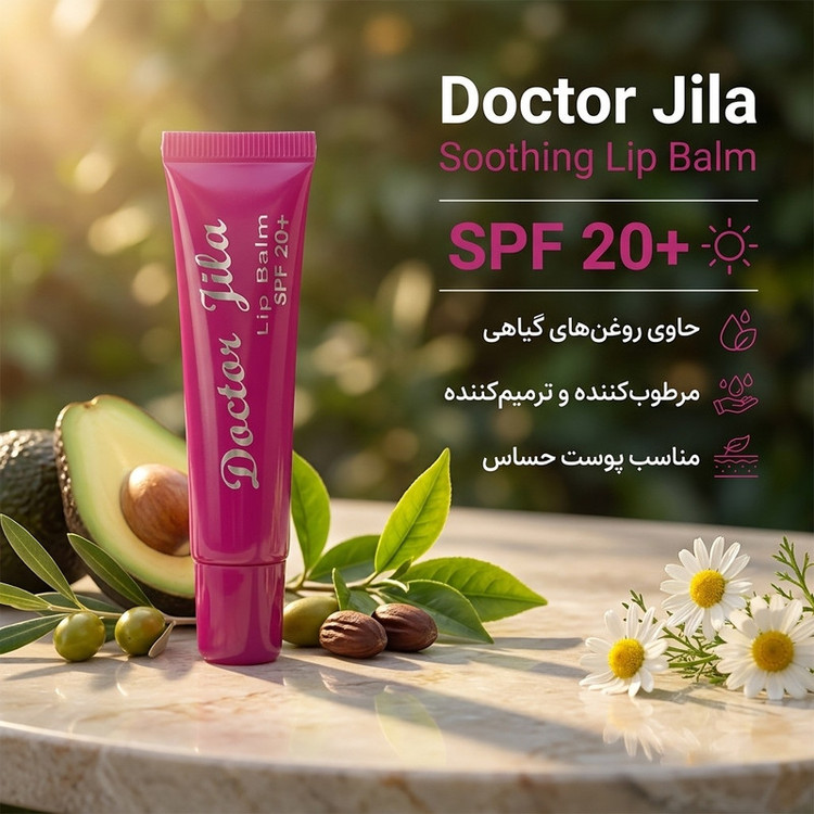کرم نرمکننده و ترمیمکننده لب دکتر ژیلا مدل soothing حجم 12 گرم با SPF 20، حاوی روغن آووکادو، روغن زیتون، روغن جوجوبا، عصاره چای سبز و بابونه، مناسب پوست خشک و حساس، مرطوبکننده و ضد التهاب